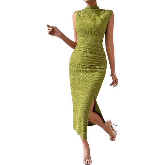 Women's Bodycon Midi Dress Polyester Ruched Side Slit Casual Wear - Picture 5 of 6